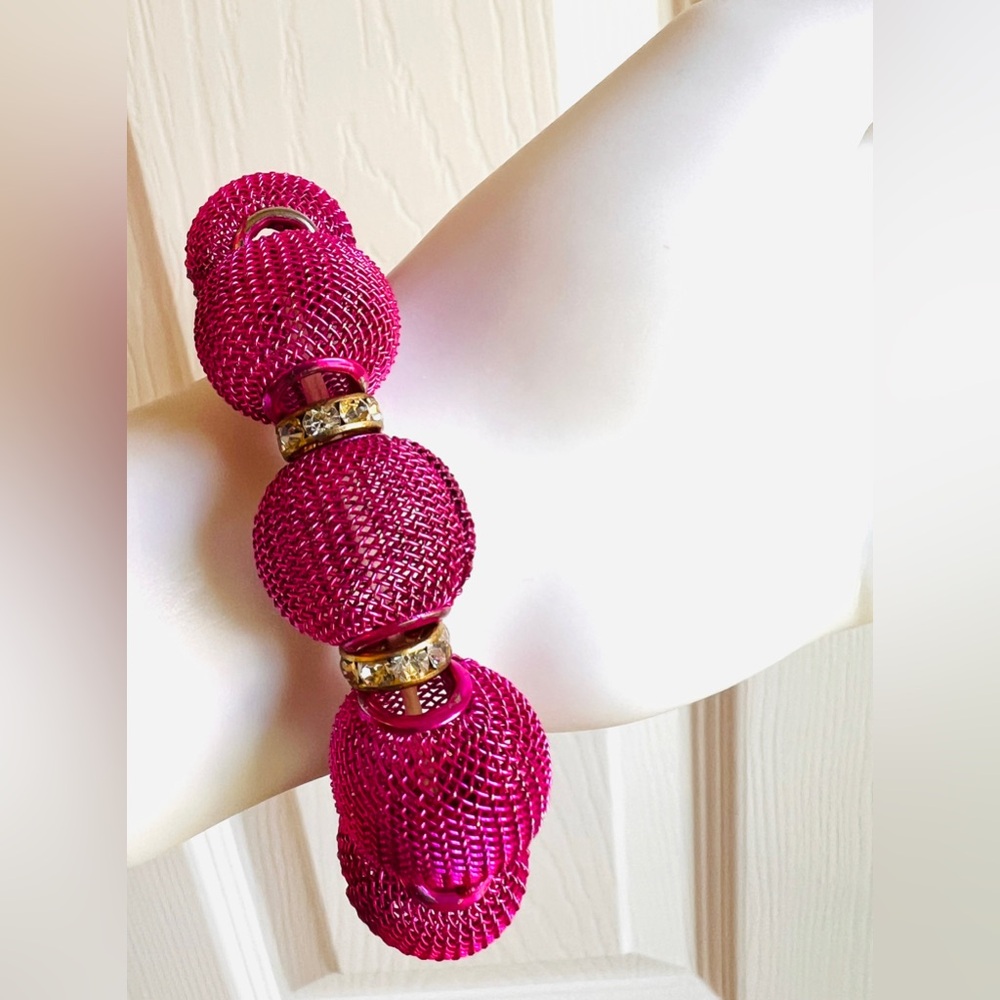 Vintage chunky Hot Pink Bracelet Stretchy Metal Mesh rheistones 6 - 7" - Picture 9 of 12
